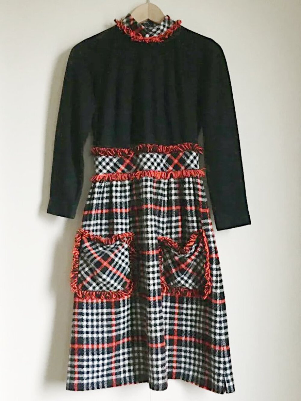 Vtg 70s Shady Lane Plaid Fringed Mod Midi Dress Mori Kei Jonathan Logan
